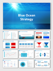 Blue ocean strategy slides with diagrams, charts, and frameworks explaining the concept and key differences from red ocean.