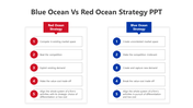 Two-column comparing red ocean and blue ocean strategies, using red and blue themes to show the contrasting strategies.