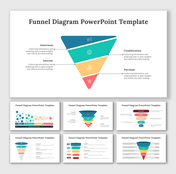 Slide pack featuring various funnel diagrams in blue, teal, yellow, and red, illustrating different steps in a process.