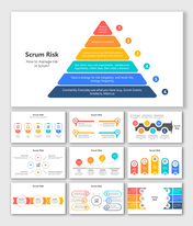 Scrum slide deck showing a layered pyramid and various diagrams in vibrant colors, outlining risk management strategies.