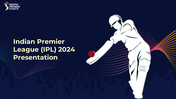 A pack of IPL 2024 slides featuring a cricket player graphic, trophy image, team overview, venue map, and match schedule.