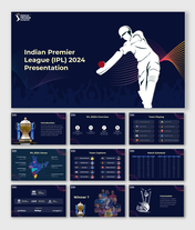 A pack of IPL 2024 slides featuring a cricket player graphic, trophy image, team overview, venue map, and match schedule.