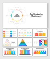 Circular infographic displaying total productive maintenance with eight labeled segments surrounding a central placeholder.