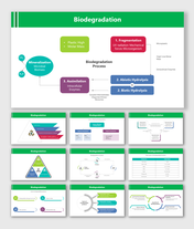 Biodegradation process diagram slide deck showing plastic breakdown through stages  with chemical and biological details.