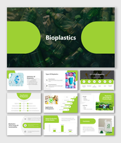 A pack of bioplastics with background slides of plastic bottles with various topics and layout designs with icons.