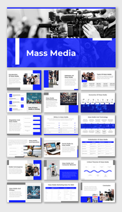 Series of slides with visuals of mass communication tools, global themes, and statistical data on blue and white backgrounds.