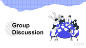 Slide pack with a blue and white theme featuring illustrations of people in a group discussion around a table.