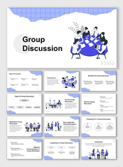 Slide pack with a blue and white theme featuring illustrations of people in a group discussion around a table.