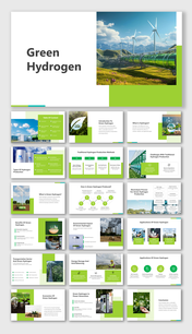 Slide deck on green hydrogen, highlighting its production, benefits, and environmental impact, with energy theme visulas.