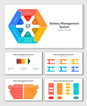 Slide deck on battery management systems, featuring colorful hexagons and diagrams explaining components and functions.