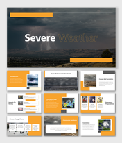 Slide deck with dark storm imagery and orange highlights, focusing on severe weather types and impacts.