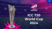 ICC T20 World Cup slides featuring the tournament trophy, group stages, schedules, and venues in purple gradient backdrop.