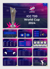 ICC T20 World Cup slides featuring the tournament trophy, group stages, schedules, and venues in purple gradient backdrop.