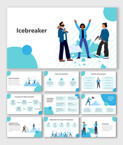 Blue themed slides with people breaking ice, showing different icebreaker types, benefits, and creative ideas.