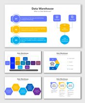 Slide deck with a clean layout, showcasing diagrams on data warehouse functions, objectives, and processes in vibrant colors.