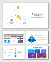 Slide deck with various layouts, featuring diagrams in blue, yellow, and purple, showing brain computer interface concepts.