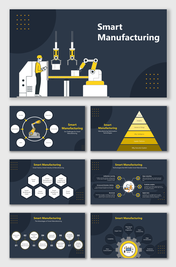 Slide deck with industrial automation visuals, hexagons, circles, and pyramid charts on dark background with yellow accents.