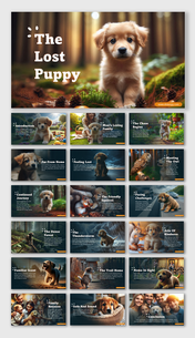 A pack of The Lost Puppy journey slides with the puppy exploring the forest with various related topics.