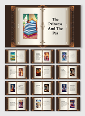 Thre princess and the pea slides with a vintage book design, decorative frame, and illustrated scenes on an open page layout.