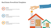 Real estate template showing a hand placing a coin above a house graphic, with numbered caption areas. 