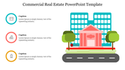 Real estate slide featuring an illustration of a building and trees, with three icons and caption areas on the left.