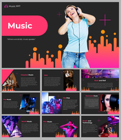 Slide deck with vibrant pink and orange soundwave graphics, music genres and photos of musicians on a dark background.