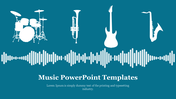 Slide design with a musical theme, showcasing white silhouettes of instruments and a waveform on a teal background with text.