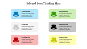 Six colorful rectangles with icons of hats in blue, green, white, black, red, and yellow, each with corresponding text.