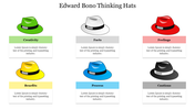 Edward bono thinking slide with six colorful hats in green, white, red, yellow, blue, and black, with labels beneath.