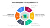 Circular infographic with six colored segments, each with icons and text, showing different aspects of investment banking.