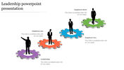 Leadership slide showing four employees standing on gears each with placeholder text.