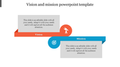 Slide for vision and mission with two sections and color coded two icons with placeholder text.