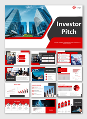 Slide deck with red and black theme, featuring modern skyscrapers, agenda, market analysis, and growth strategy visuals.