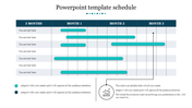 A PowerPoint schedule slide displaying a 3 month timeline with task bars representing progress for each month with text area.