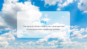 Bright blue sky with scattered fluffy white clouds background with a quote.