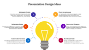 Slide featuring six color-coded numbered presentation design ideas around a central light bulb icon with text area.