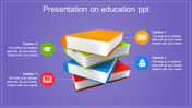 Education-themed slide featuring a stack of colorful books with labeled captions and text area for educational content.