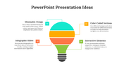 Ideas slide featuring a light bulb infographic with four color-coded sections representing key presentation tips.