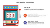 Illustration of a slot machine with instructions on how to play,  and matching symbols to win prizes with two caption areas.