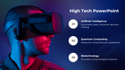 Close-up of a person wearing a high tech VR headset, with three technology topics listed on the right.