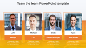 Team slide showcasing photos and titles four team members in a white and orange gradient background with title text at top.