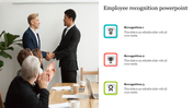 Employee recognition slide featuring two colleagues shaking hands, with three recognition categories on the right.