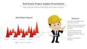 Real estate report with a 3D cone chart in red with a construction worker in yellow helmet with a laptop on the right.