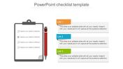 Checklist on a clipboard with a red pencil, and three colored list sections in orange, blue, and green on the right.