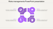 Four-part circular design in purple with icons representing different risk factors, alongside placeholder text.