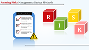 A checklist  featuring with red checkmarks and a yellow warning icon, paired with colorful blocks for risk management.