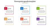 Color-coded agenda slide with six numbered sections to outline key discussion points and text area.