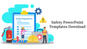 Safety PPT template featuring illustrations of safety regulations with six layout design slides previews below.