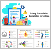 Safety PPT template featuring illustrations of safety regulations with six layout design slides previews below.