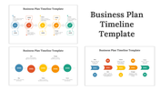 Slide deck showcasing business plan timelines using colorful circles, icons, and arrows in different layout styles.